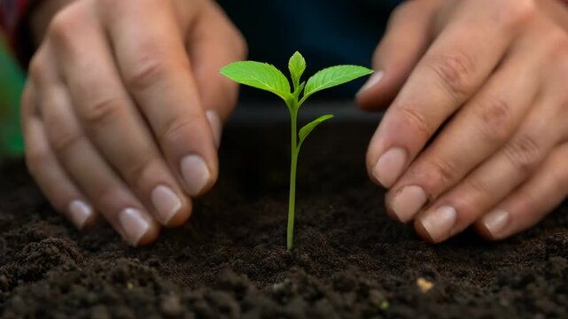 Tiny green seedling growing in rich dark soil with caring hands nurturing new plant life in nature