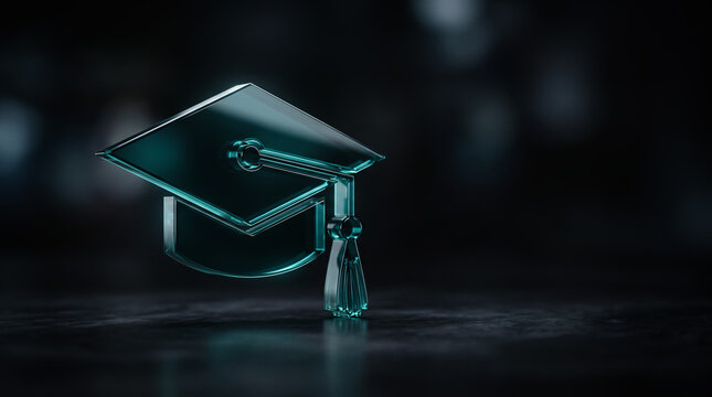 Glass graduation cap with tassel placed on a dark reflective surface, illuminated by soft, moody lighting with a blurred background. Website banner or hero section with copy space
