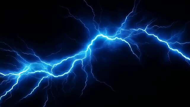 Intense blue electric flashes and lightning branches on black background for energy and power visuals