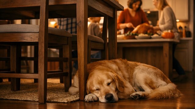 Golden Retriever dog sleep under kitchen table family Thanksgiving gather warm cozy home pet