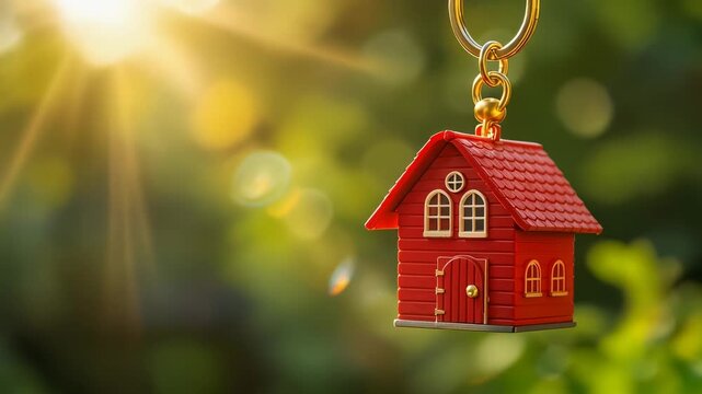 Red house keychain swinging gently in the golden summer sun bright outdoor close up