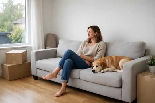 Woman and dog relax on couch with moving boxes nearby in new home, look out window with calm expression