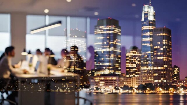 A group of business professionals working together in a modern office with a stunning city skyline view at dusk in a video.