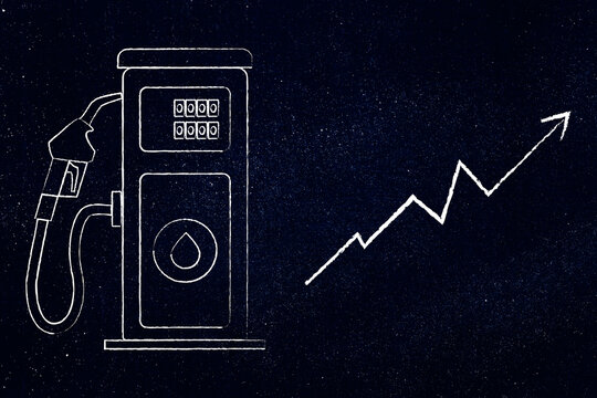 fuel prices rising illustration with petrol pump and upward arrow,  oil crisis concept