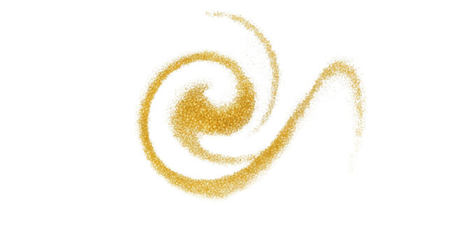 Photorealistic macro photograph of tiny golden glitter particles sparkling and shimmering in dynamic swirling patterns against a seamless bright white background with soft bokeh, cinematic studio