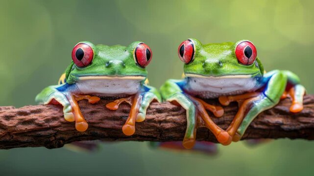 Two Red-Eyed Tree Frogs: A pair of vibrant red-eyed tree frogs, perched upon a sturdy branch, exuding serenity and capturing the captivating beauty of the amphibian world.
