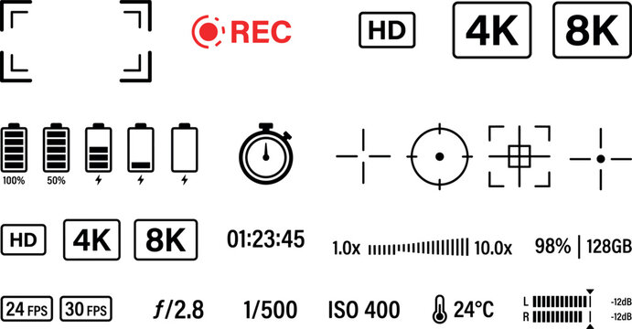 Camera recording interface elements set, video viewfinder frame battery timer resolution zoom fps iso shutter aperture indicators outline vector illustration isolated on transparent background