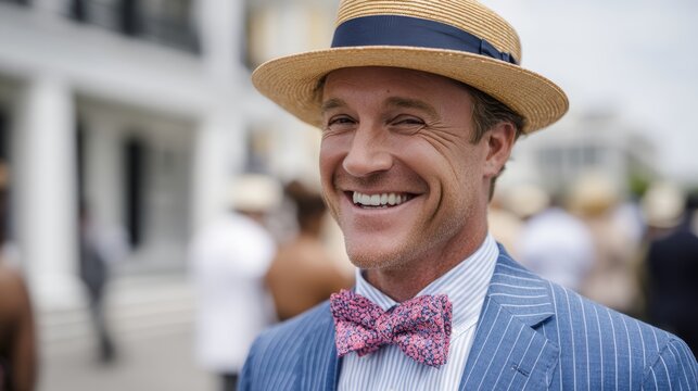 fashion photography, sharp, high-res candid of a smartly-dressed man laughing in a blue seersucker suit and a pink bowtie with a fedora he holds a betting ticket, with a blurred background of other