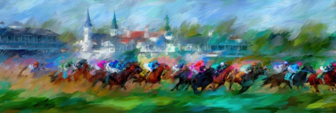 impressionist horse racing, digitally rendered impressionist oil painting captures the energy and movement of a horse race with vibrant colors and sweeping brushstrokes churchill downs is faintly