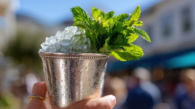 luxurious cocktail presentation, exceptional frosty mint julep cup with gold-ringed hand, fresh mint, and crushed ice, as delighted patrons enjoy a sunny day in a high-end food ad