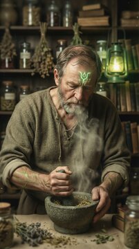 Man under magic mind control using pestle to grind herb in mortar. Supernatural zombie servant performing ritual. Fantasy sorcerer under hypnotism influence in dark apothecary workshop.