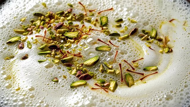 Close up of whipped cream with swirls of golden oil and falling chopped pistachios and saffron threads, creating a luxurious dessert topping texture