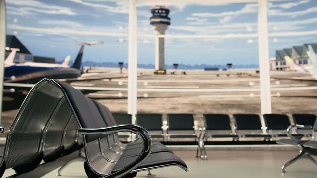 Airport terminal, empty departure lounge, seating with no people, showing runway with airplanes. Absence of travelers highlights rows of seats and airport equipment in transport hub.
