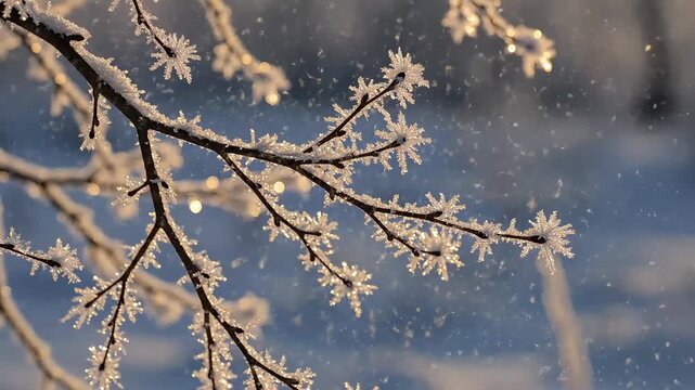 a close-up view of frosty tree branches on a cold winter day with snowflakes gently falling around t
