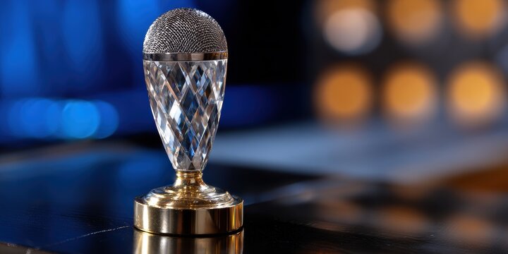 award show trophy, zoomed-in shot of cma trophy, featuring glass bullet and microphone design, set on reflective surface with stage ambiance