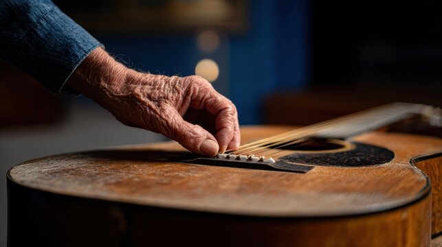 music heritage, a poignant visual tribute to country musics legacy a weathered hand places a modern slide rule on a vintage guitar, with a cma award in the foreground and stage lights in the