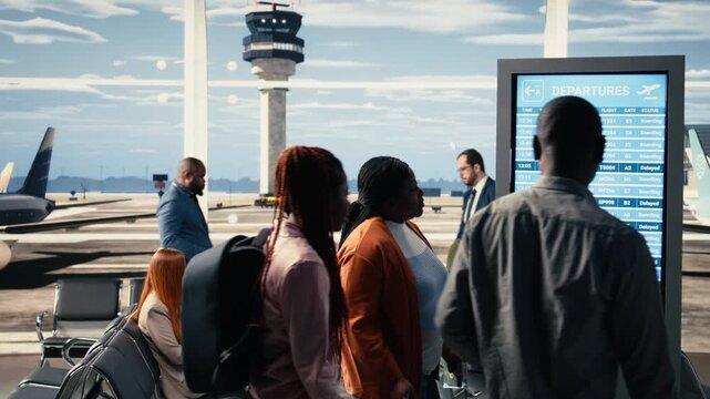 Stranded people reacting to bad news of cancelled flights and suspended departures, chaotic airport scene. Diverse crowd looking at the schedule board in disbelief, ruined travel plans.