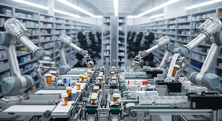 Fototapeta premium Robot arms assembling products on a production line in a factory warehouse