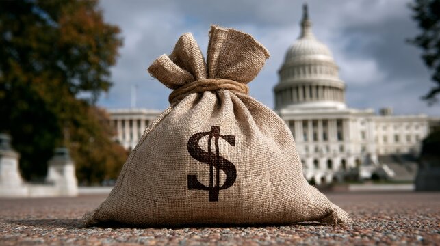 Government budget and debt management with dollar bag and bank near Capitol building in Washington DC
