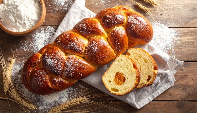 Freshly baked braided challah bread loaf on a rustic wooden table with flour and wheat.