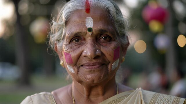 Portrait of an Indian woman with traditional makeup on her forehead and cheeks. Senior lady smiling during a festive celebration in a park. Cultural holiday event and traditional dress attire concept