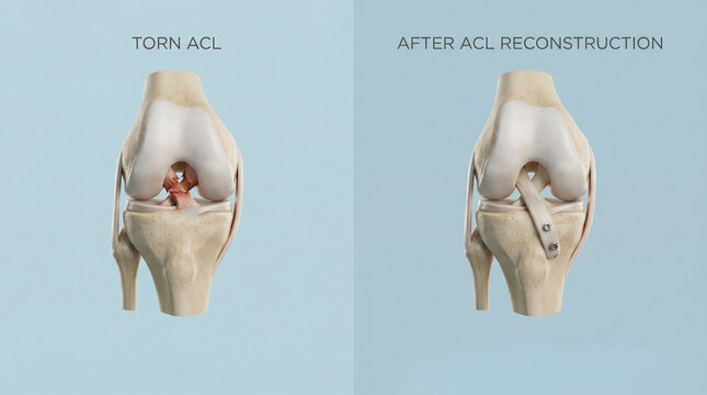 Torn ACL vs ACL Reconstruction Surgery Knee Anatomy 3D Illustration