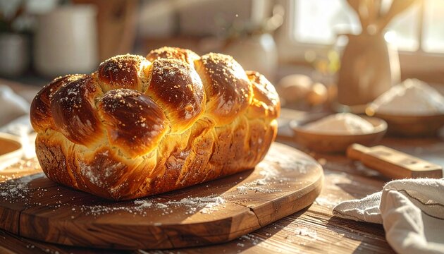Golden brown homemade braided challah bread on a rustic wooden board in a sunlit kitchen.