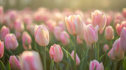 Fototapeta premium Soft pink tulip field in spring morning sunlight, beautiful floral landscape.