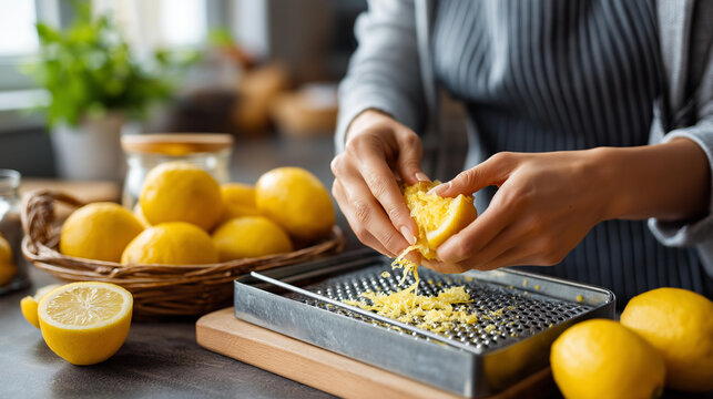 Faceless hands grate a fresh lemon on a metal grater in a close-up culinary shot. Defocused background. Lemon grating, close-up cooking, citrus zest, culinary detail,, with copy