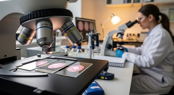 Scientist examining slides under microscope in laboratory