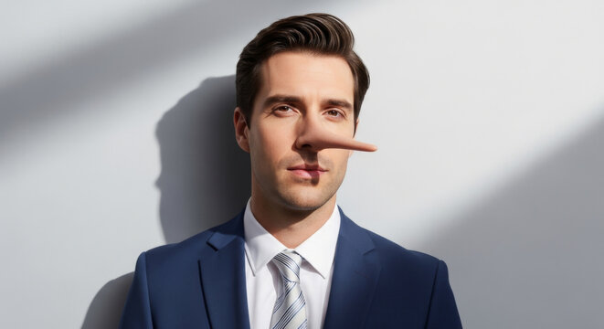 Male Executive with a Comically Exaggerated Nose Stands Confidently, Symbolizing Dishonesty in a Corporate World Illustrating A Creative Art And Design Concept