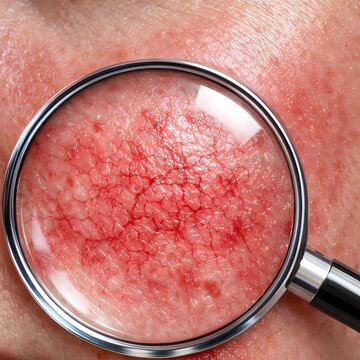 Professional skin analysis of rosacea and redness on woman cheek with digital magnifying lens diagnostic