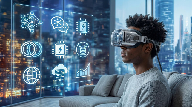 Young black man interacting with an immersive VR headset displaying an AI powered digital city interface. Future virtual environment, intelligent augmented systems, mixed reality solutions designed.