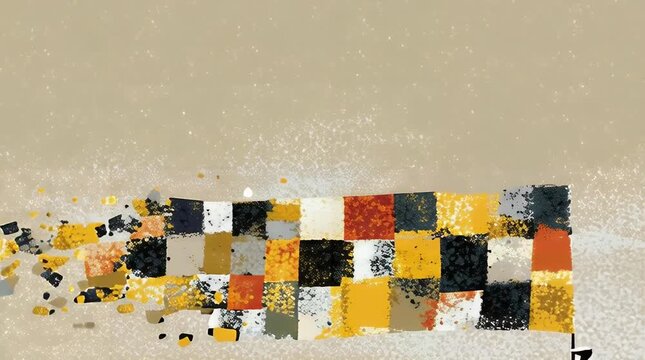 Abstract seascape with a lone sailboat and geometric shapes evokes a sense of calm exploration and modern artistic expression against a warm textured background