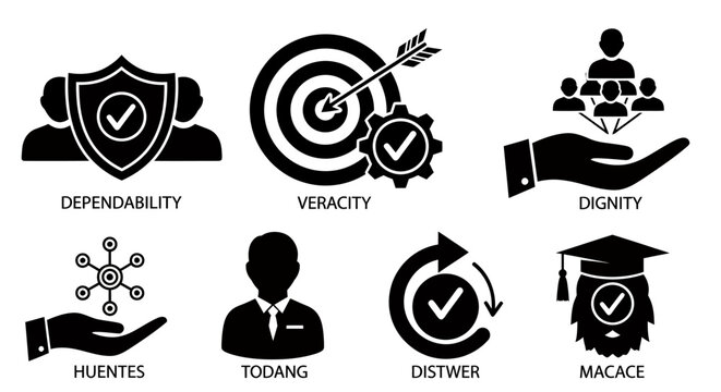 Collection of abstract icons representing reliability, veracity, dignity and achievement in a symbolic design.