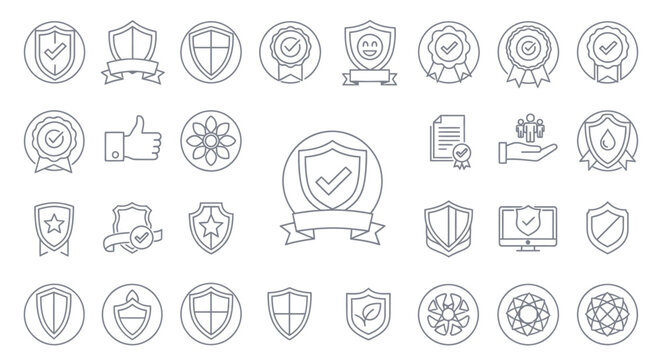 Collection of round monochrome security and achievement icons for graphic design.