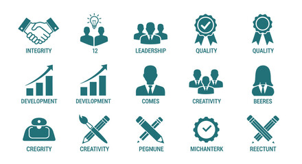 Fototapeta premium Infographic icons representing leadership, creativity, ethics, quality and development in business and teamwork.