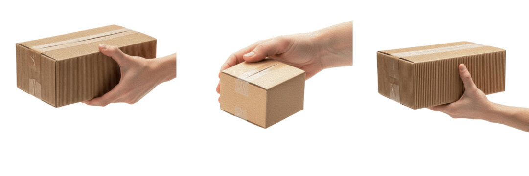 Set of hands holding brown cardboard boxes, delivery service and sustainable product packaging concept isolated on white background.