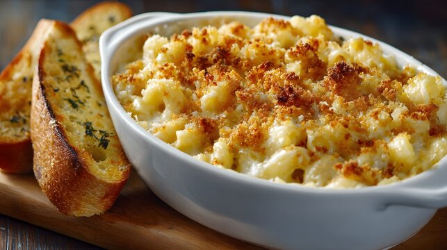Creamy baked macaroni and cheese with golden breadcrumb topping served in a white ceramic dish alongside crispy herb garlic bread slices on a rustic wooden kitchen board