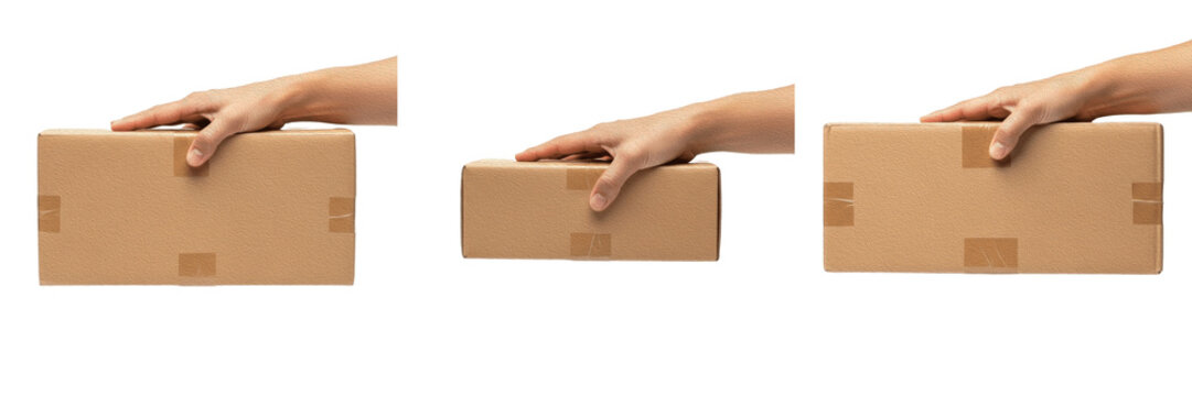 Hand holding brown cardboard box isolated on white background, set of three angles for parcel delivery, shipping and packaging concept.