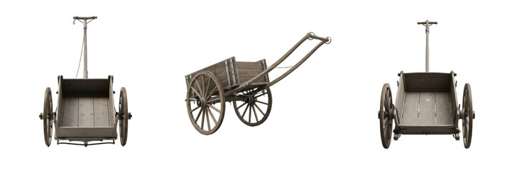 Fototapeta premium Set of vintage wooden hand carts isolated on white background, rustic old-fashioned wooden wagon with large wheels for gardening, farming, and antique decoration.
