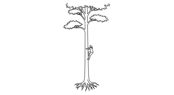 Continuous line art illustration of a person ascending a tall tree trunk with roots visible below