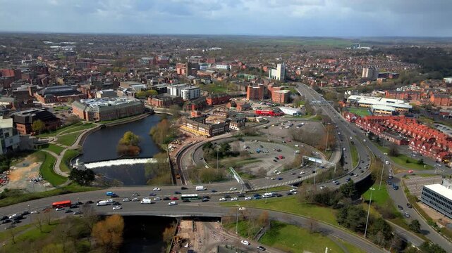 Aerial panorama of Derby city infrastructure and River Derwent