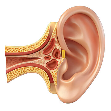 Human ear anatomy with visible eardrum and auditory canal structures
