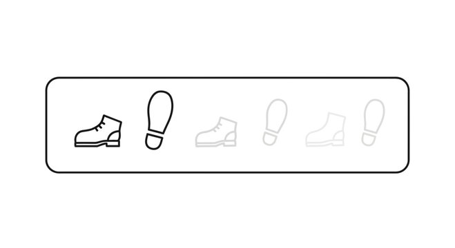 Sequential minimalist vector icons depicting boots and footprints progressing with fading opacity