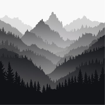 monochrome mountain range landscape with pine trees silhouette