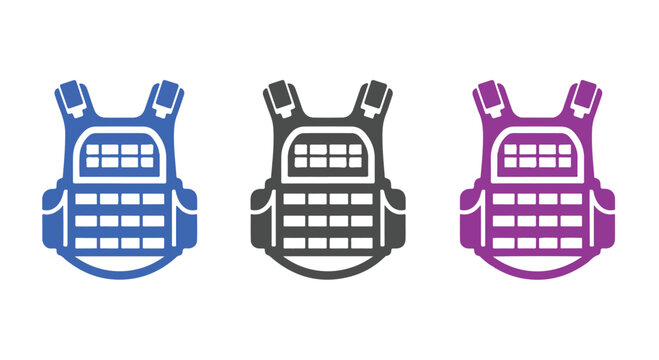 Three bulletproof vests in blue, gray, and pink colors on a white background, flat lay from above.
