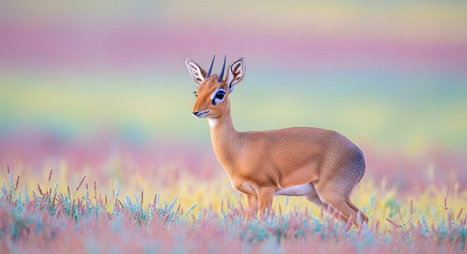 Kirk's dik-dik standing in a colorful grassy field facing left with alert expression small antelope in dreamy pastel meadow wildlife concept