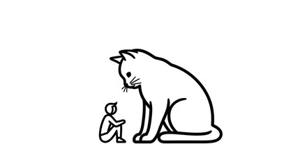 Obraz premium Minimalist black and white art featuring a small human looking up at an enormous cat
