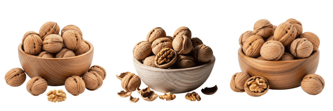 Walnuts in wooden bowl isolated on white background, Juglans regia dry fruit, akhrot, अखरोट, 核桃, whole brain shaped nuts omega rich healthy snack natural food ingredient